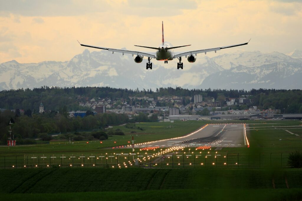 Commercial airplane landing on a runway